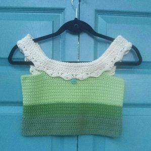 Hand Crafted Hand Crochet Boho Girls Seaweed Green Off Shoulder Crop Top 7/8